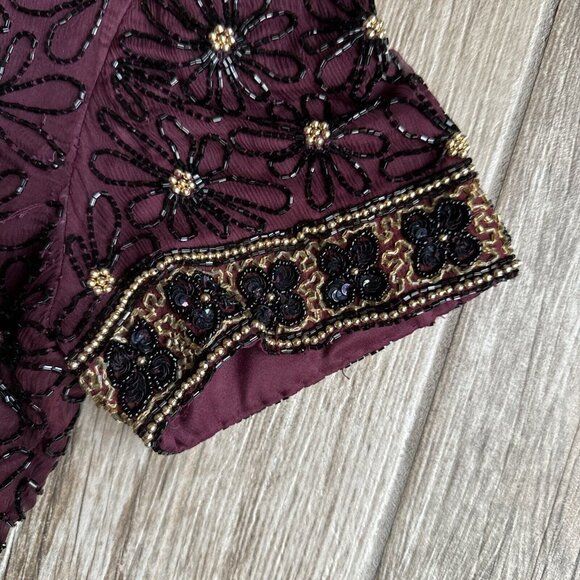 2/$18 SALE! ADRIANNA‎ PAPELL Evening Top Womens L Beaded Burgundy Floral Silk - Picture 6 of 10